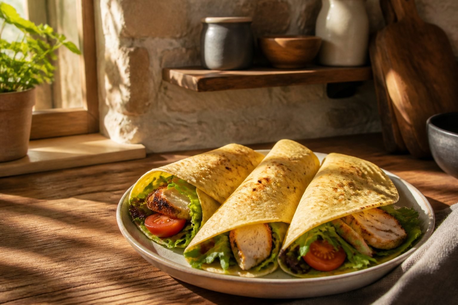 Different types of keto tortilla wraps on a rustic kitchen countertop.