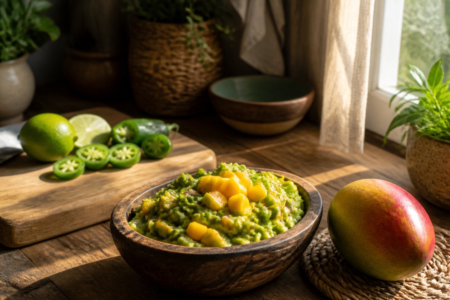 Bowl of mango guacamole with a ripe mango nearby on a wooden countertop.