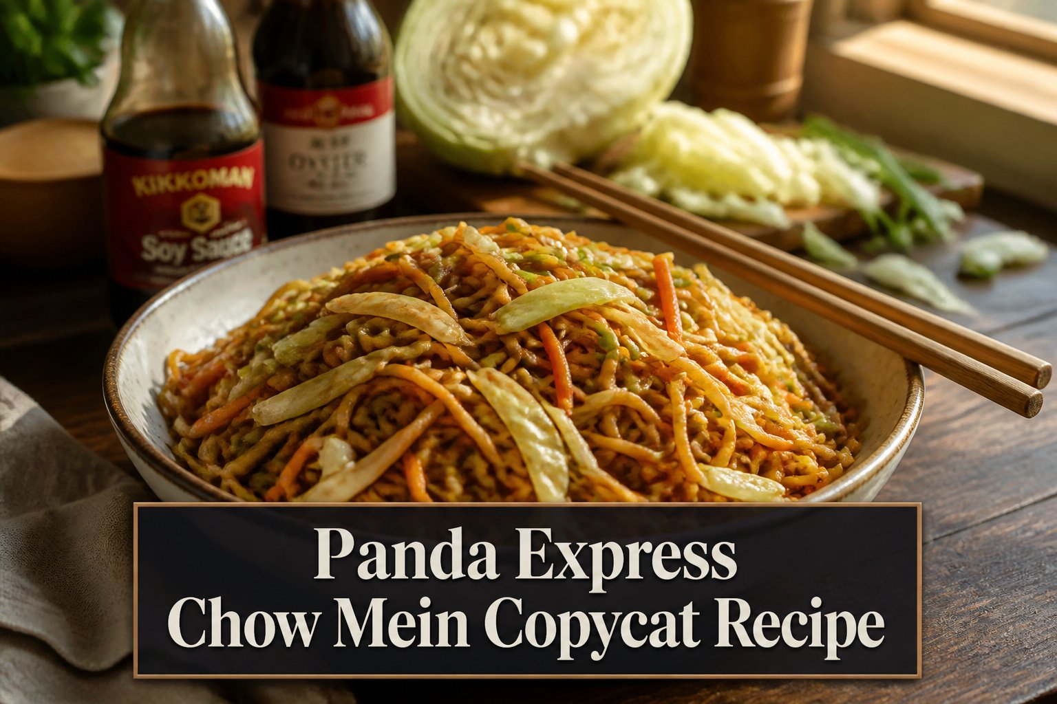 Bowl of chow mein with noodles, cabbage, celery, and onions on a wooden table.