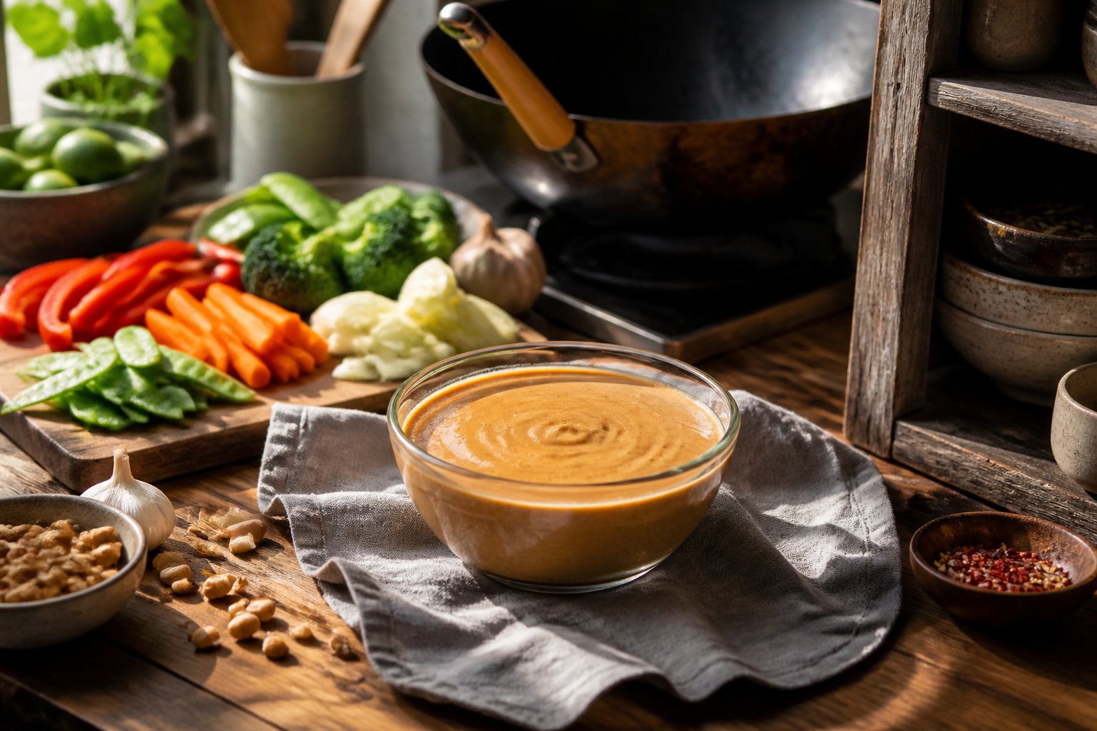Bowl of peanut stir fry sauce with red bell pepper and snap peas.