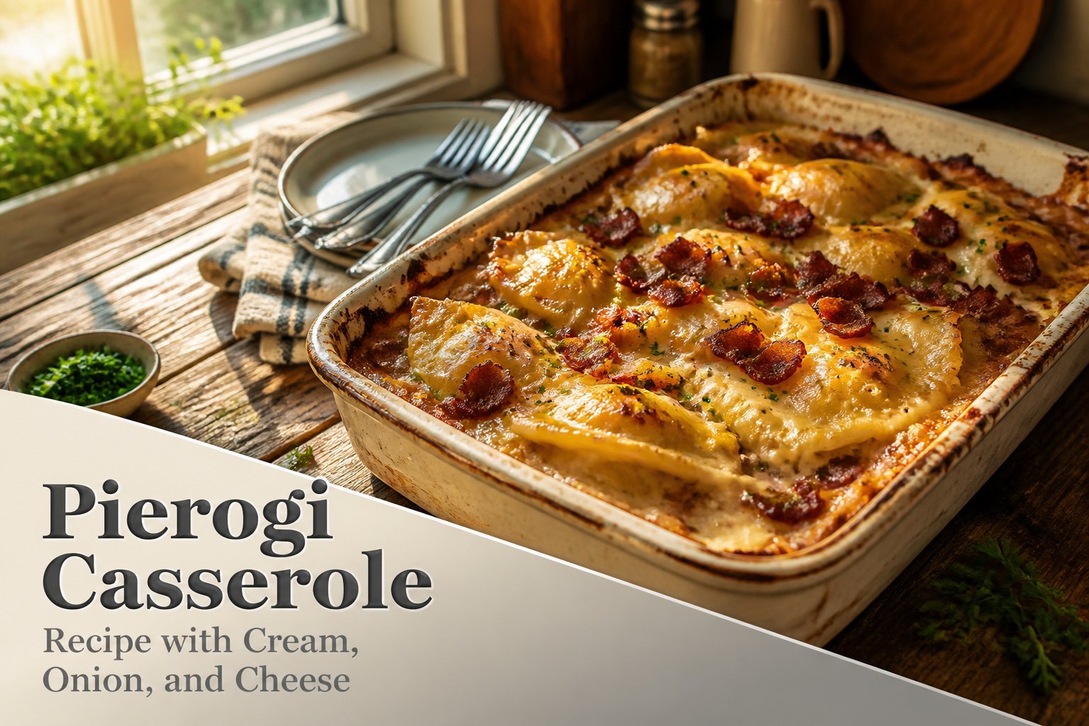 Pierogi casserole in a ceramic dish topped with cheese and herbs.