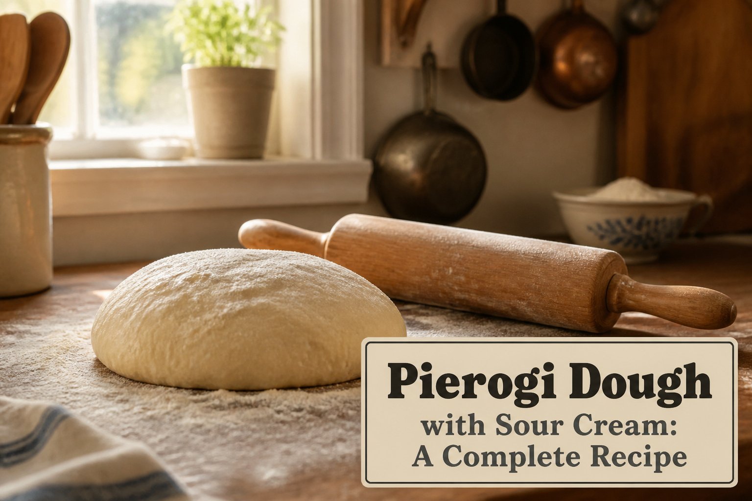 Various ingredients for pierogi dough including flour, egg, and sour cream.