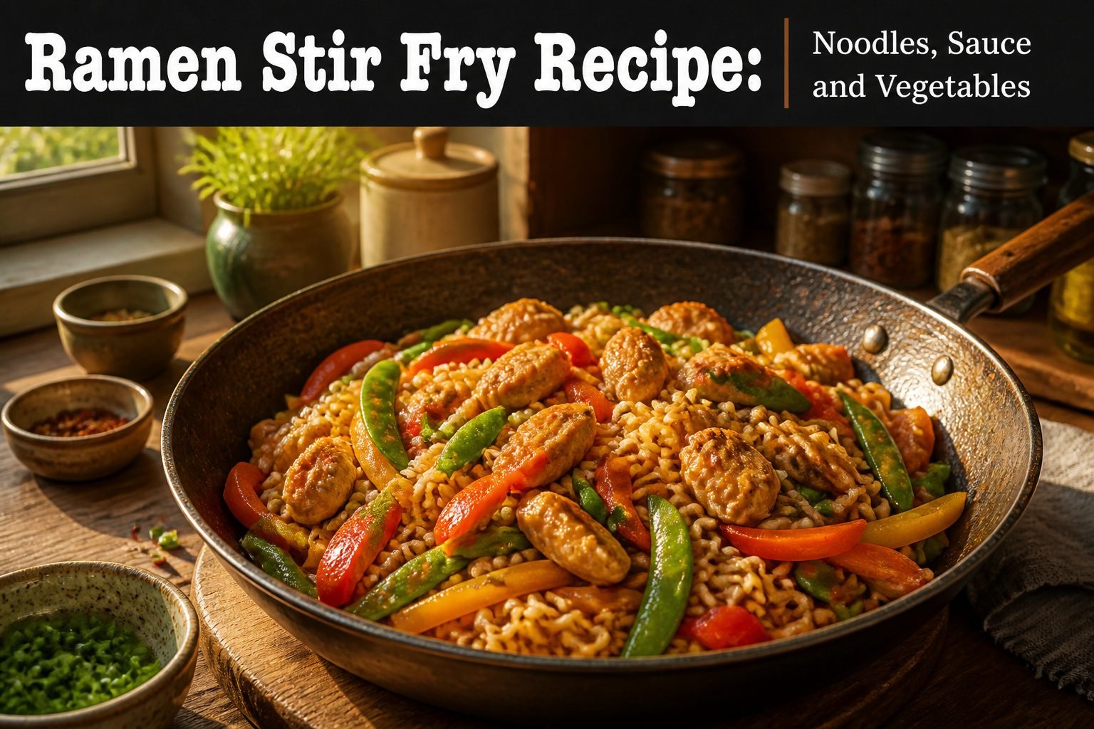 Bowl filled with ramen stir fry containing noodles, vegetables, and protein.