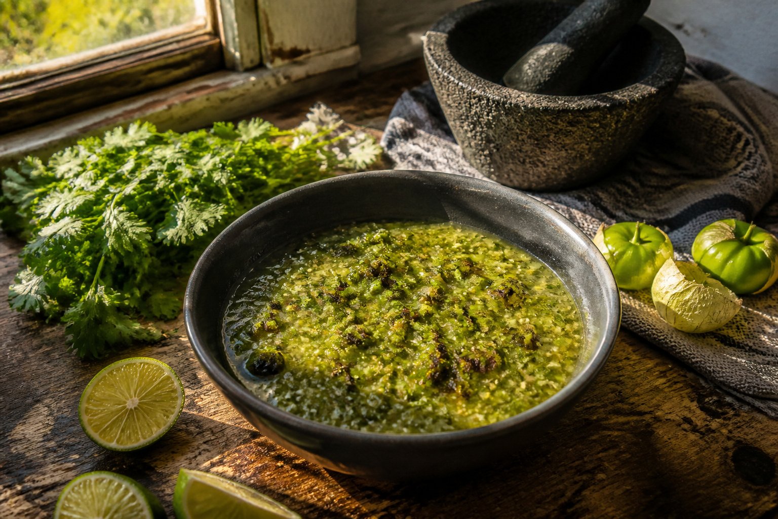 Bowl of green salsa verde with tomatillos and jalapeños on a table.