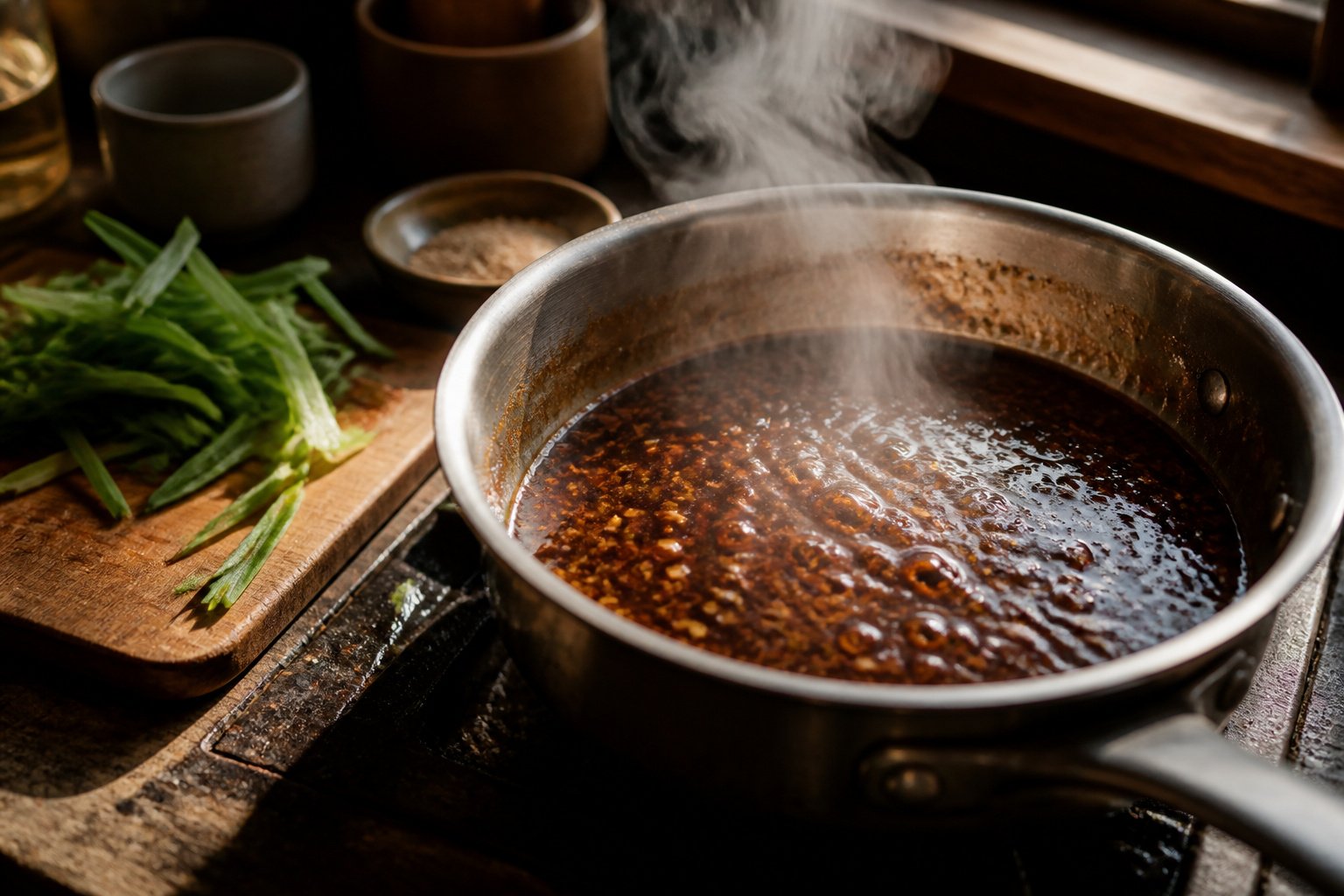 A jar of teriyaki sauce on a kitchen countertop.