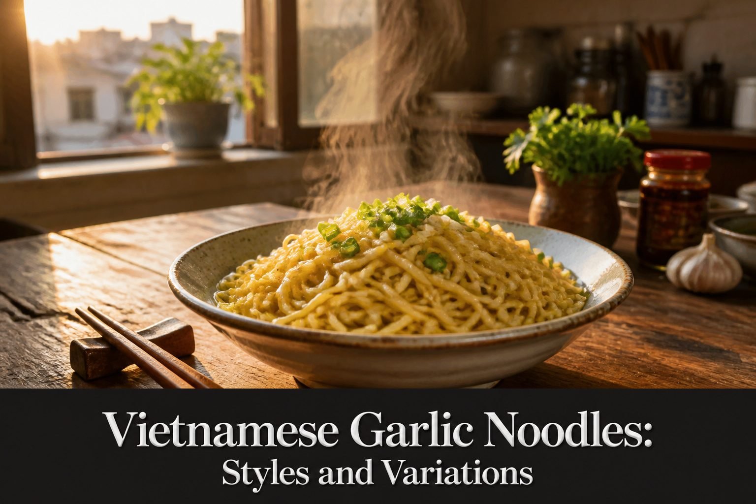 A plate of garlic noodles topped with garlic and butter.