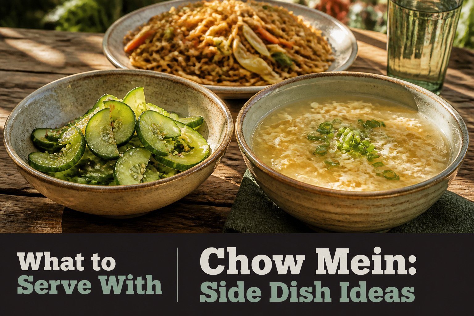 Dinner table set with chow mein and various colorful side dishes.