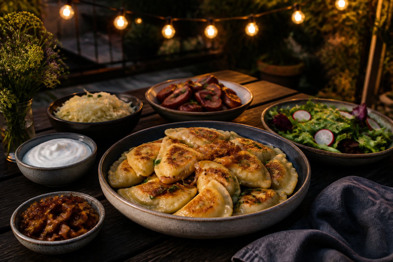 A plate of pierogi surrounded by kielbasa, onions, sour cream, and salad.